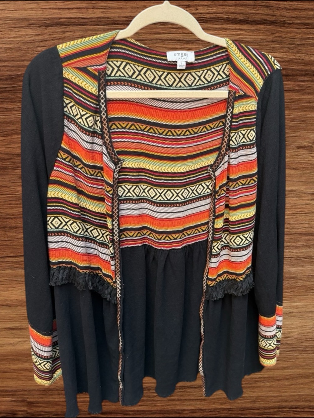 Umgee Black Cardigan with Orange, Red & Cream Patterned Panels
